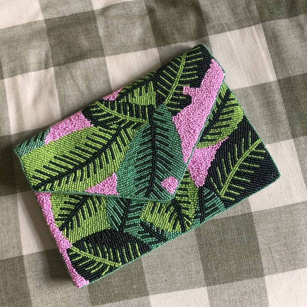Beaded Tropical Leaf Clutch/ crossbody in Pink and Green